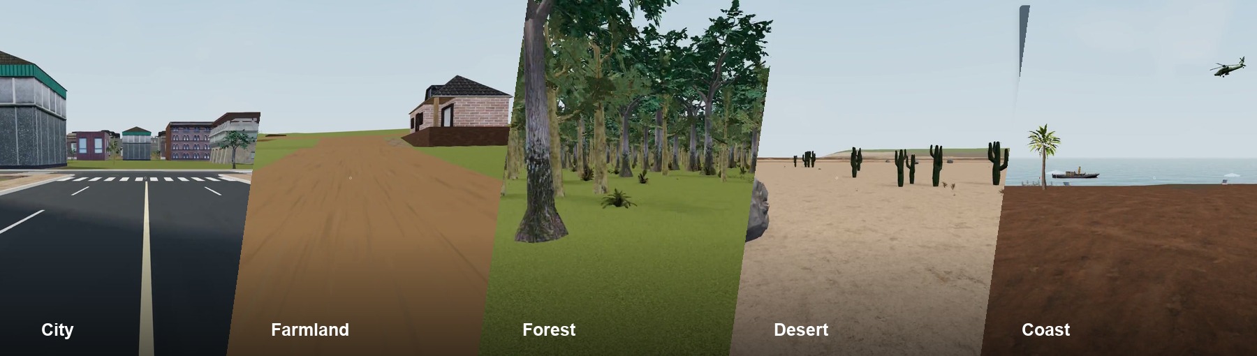 City, farmland, forest, desert, and coast from the WorldStream demo, joined in a five-panel panorama.