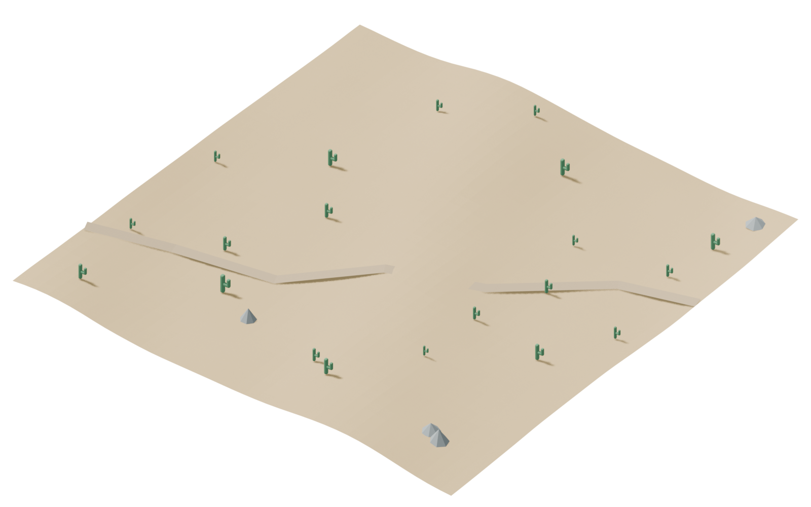 Procedural desert illustration with terrain, rocks, and sparse vegetation.
