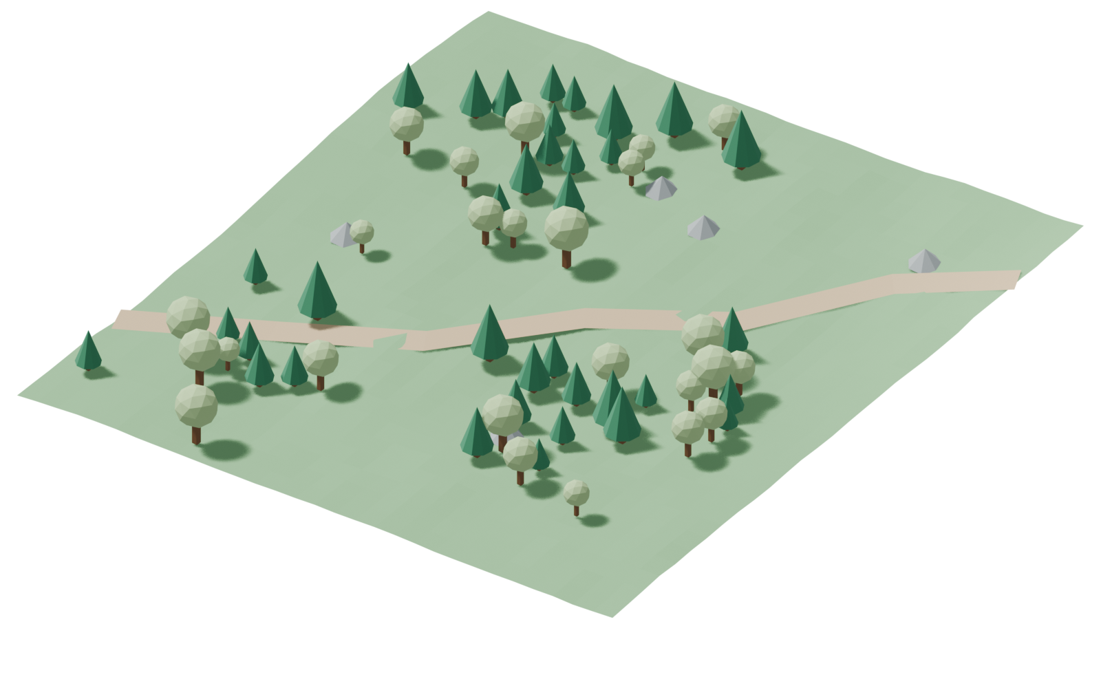 Procedural forest illustration with tree clusters and a path.