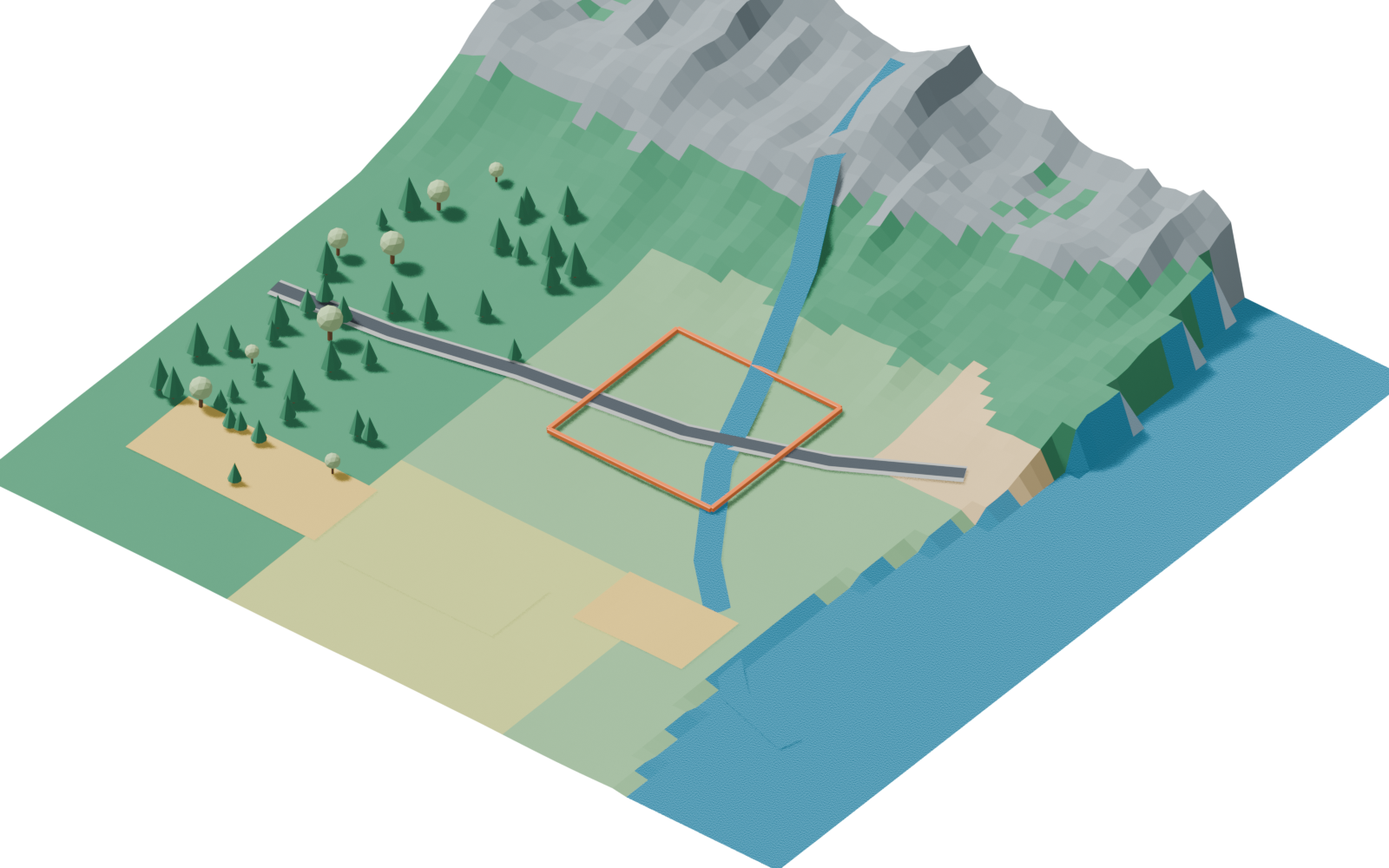 Report illustration of a region containing mountains, a river, woodland, farmland, and a connecting road.