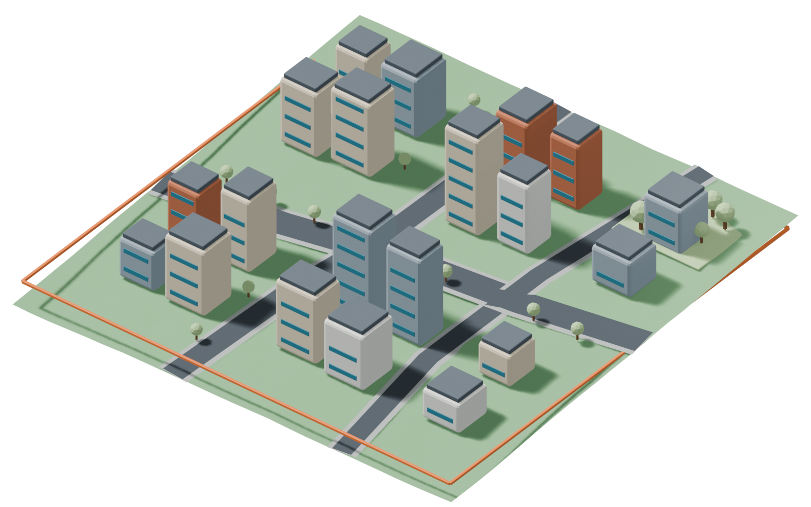 Report illustration of a city neighborhood with building groups, connecting streets, and open space.